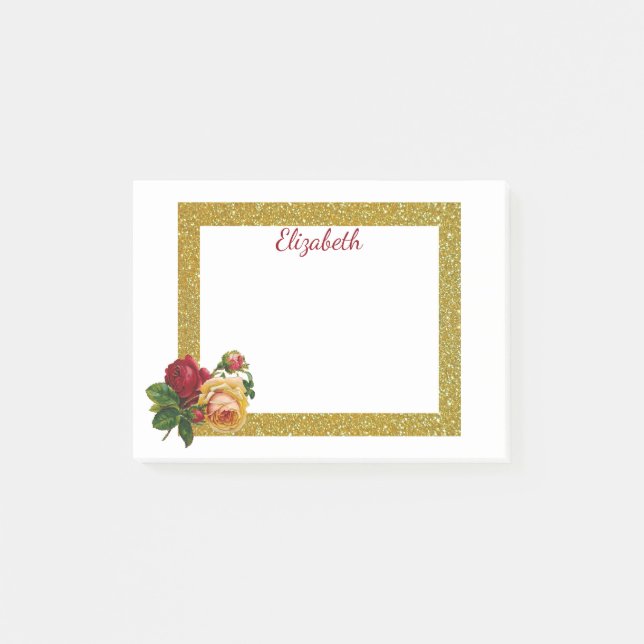 Personalisierter Gold-Glitzer-Border mit Rose Post-it Klebezettel (Vorderseite)