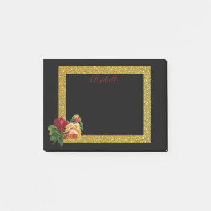 Personalisierter Gold-Glitzer-Border mit Rose Post-it Klebezettel