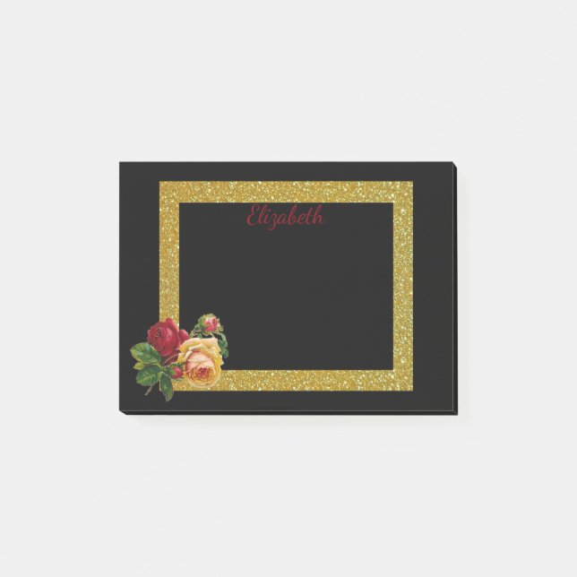 Personalisierter Gold-Glitzer-Border mit Rose Post-it Klebezettel (Vorderseite)