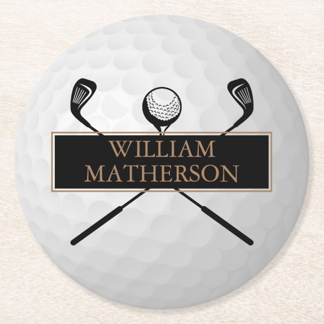 Personalisierter Gold- und Schwarz-Golfball Classi Runder Pappuntersetzer (Vorderseite)