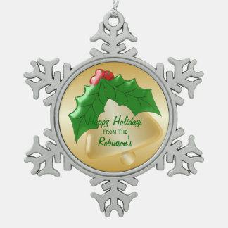Personalisierter Goldbell-Stechpalmen-Entwurf Schneeflocken Zinn-Ornament
