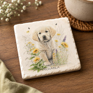 Personalisierter Golden Retriever Welpe in Blumen  Steinuntersetzer
