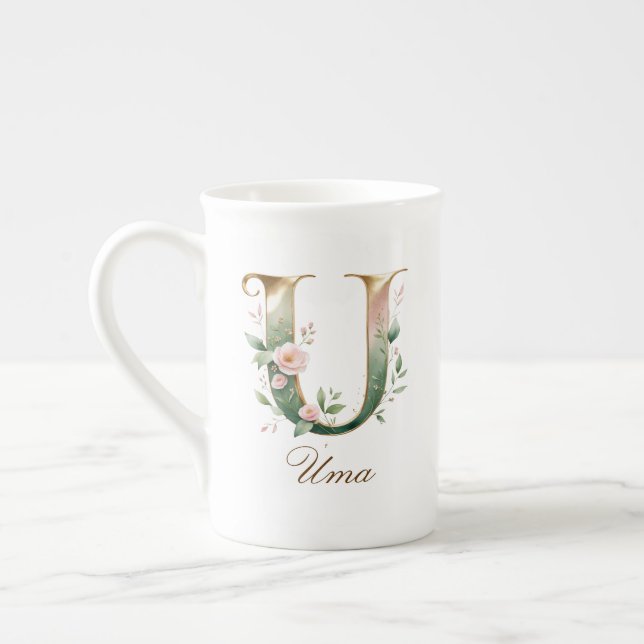Personalisierter goldener Blumenmonogramm Anfangsb Prozellantasse (Links)