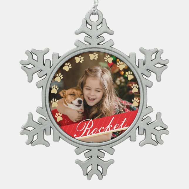 Personalisierter Goldhaustier-Tatzen-Druck u. Schneeflocken Zinn-Ornament (Vorderseite)