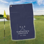 Personalisierter Golf Club Name Navy Blue Golfhandtuch<br><div class="desc">Mit klassischen gekreuzten Golfklubs und einem Golfballdesign sind diese Handtücher ideal für alle Golfclubs. Personalisieren Sie mit dem Namen des Golfklubs und dem Jahr,  in dem der Golfclub gegründet wurde. Entwickelt von Thisisnotme©</div>
