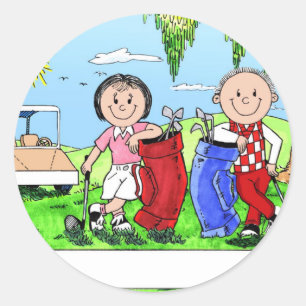 Personalisierter Golf Couple Cartoon Karikatur Runder Aufkleber