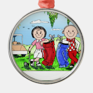 Personalisierter Golf Couple Cartoon Karikatur Silbernes Ornament