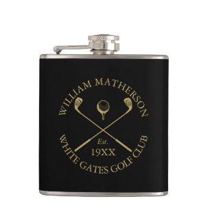 Personalisierter Golfclub-Name Schwarz und Gold Flachmann