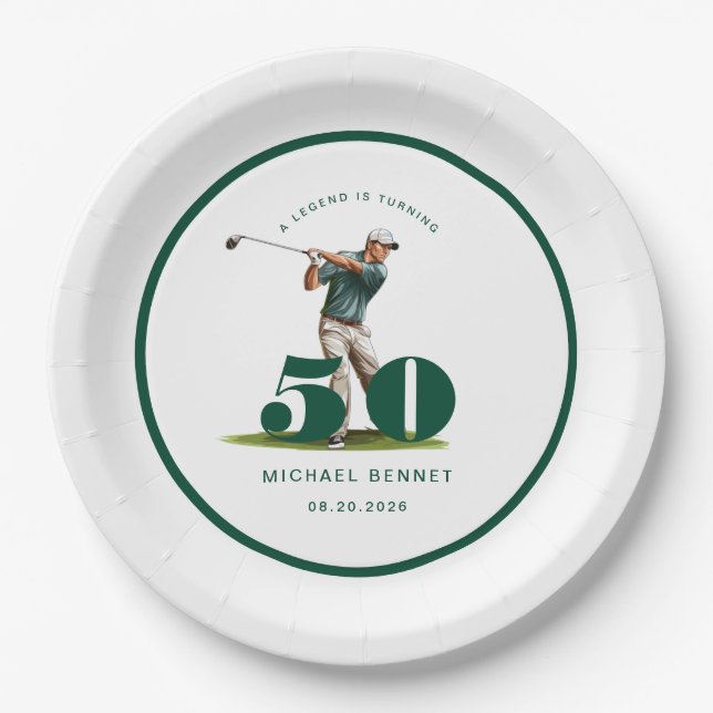 Personalisierter Golfer 50. Geburtstag Pappteller (Vorderseite)