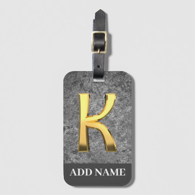 Personalisierter Grau- und Goldmonogramm-Letter K Gepäckanhänger (Vorderseite Vertikal)