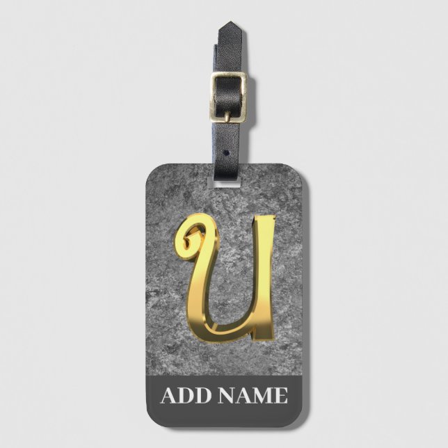 Personalisierter Grau- und Goldmonogramm-Letter U Gepäckanhänger (Vorderseite Vertikal)