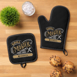 Personalisierter Grillmeister Ofenhandschuh & Topflappen-Set