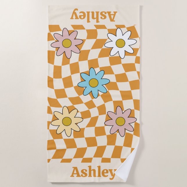 Personalisierter Groovy Retro Name Strandtuch (Vorderseite)