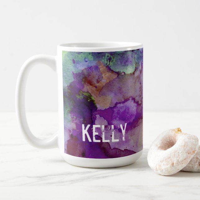 Personalisierter grün und Lila Aquarell Spritzer 3 Kaffeetasse (Mit Donut)