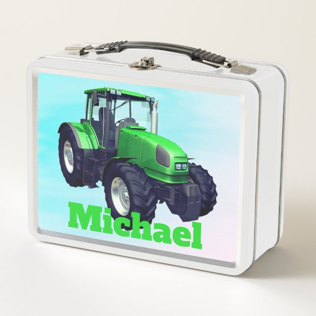 Personalisierter grüner Bauernhof-Traktor Metall Lunch Box (Vorderseite)
