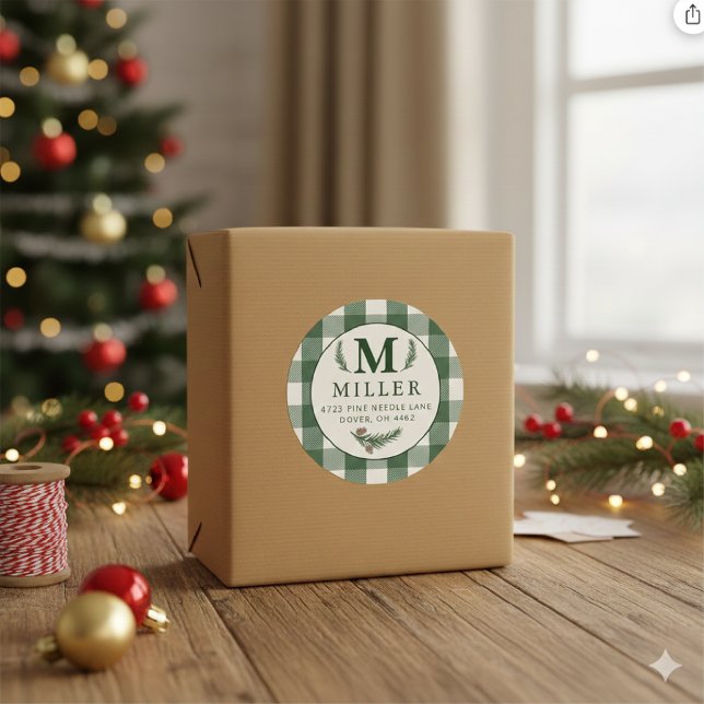 Personalisierter grüner Gingham-Weihnachtsmonogram Runder Aufkleber (Von Creator hochgeladen)