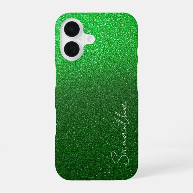 Personalisierter grüner Glitter iPhone 16 Hülle (Rückseite)