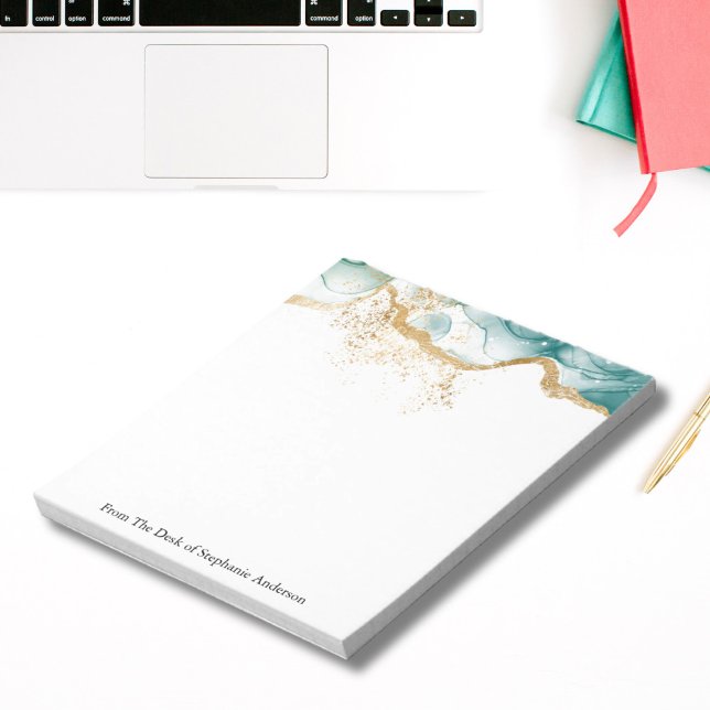 Personalisierter grüner Glitzer Alkoholtinte Wash Notizblock (Green marble Watercolor Wash Alcohol Ink Gold Glitter Personalized Note pad. )