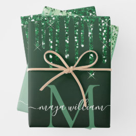 Personalisierter grüner Glitzer Tropfen Geschenkpapier Set