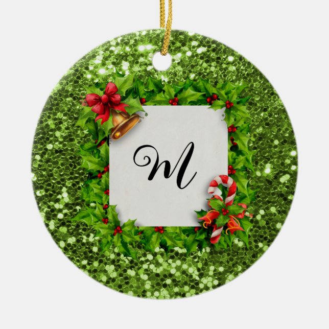 Personalisierter grüner Glitzer Weihnachten Keramik Ornament (Vorne)