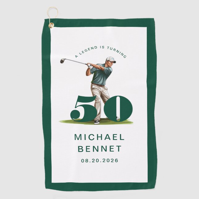 Personalisierter grüner Golf 50. Geburtstag Golfhandtuch (Vorderseite)