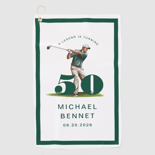 Personalisierter grüner Golf 50. Geburtstag Golfhandtuch (Vorderseite)