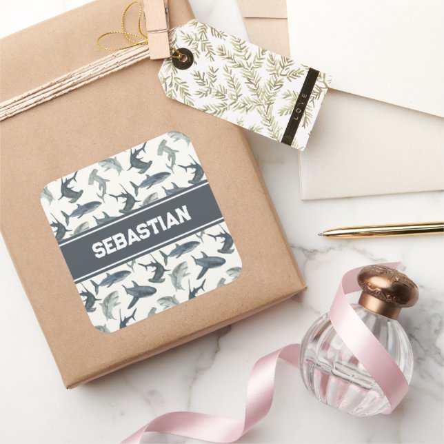 Personalisierter Hai-Sticker | Aquarellhaie Quadratischer Aufkleber (Schenken)