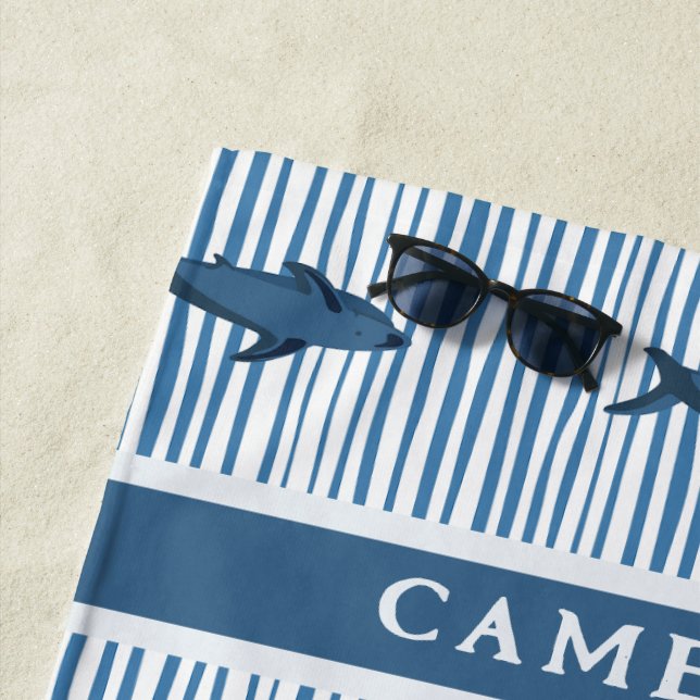 Personalisierter Hai Weiß Streifen Kinder Strandtuch (Beispiel)