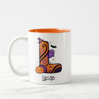 Personalisierter Halloween-Monogramm-Buchstabe L-F Zweifarbige Tasse