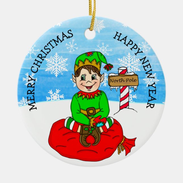 Personalisierter handgezeichneter Weihnachtself Keramik Ornament (Vorne)