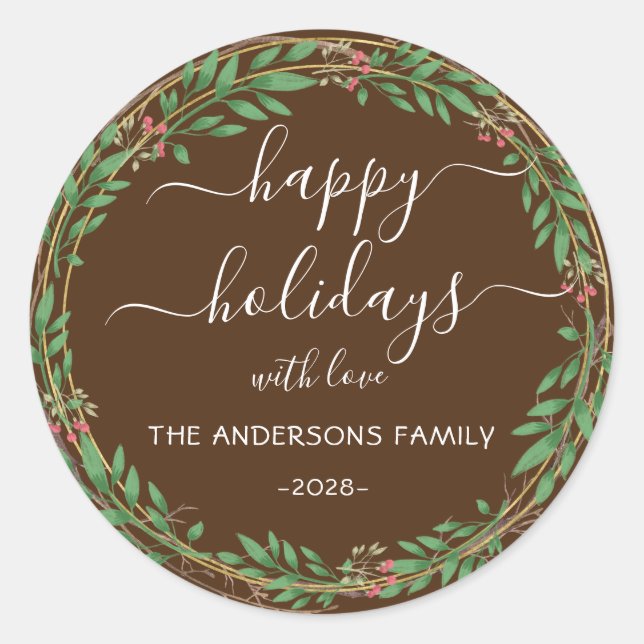 Personalisierter Happy Holidays Wasserfarbenkranz Runder Aufkleber (Vorderseite)