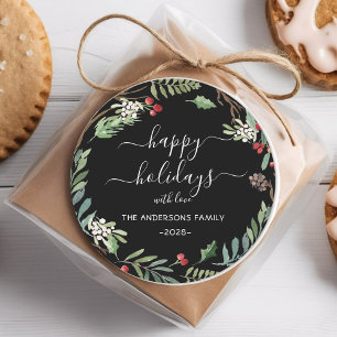 Personalisierter Happy Holidays Wasserfarbenkranz Runder Aufkleber