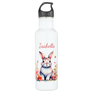 Personalisierter Hase in rosa Blumen Edelstahlflasche
