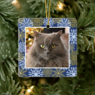 Personalisierter Hauskatze Hund Blue Schneeflocken Keramikornament