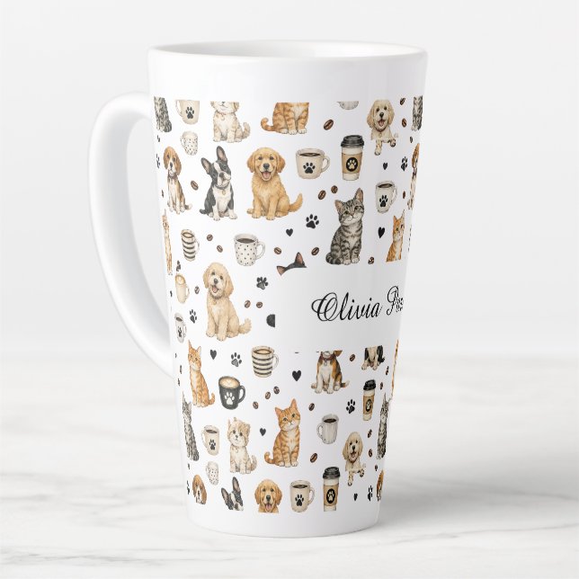 Personalisierter Haustier- und Kaffeepattern-Name Milchtasse (Linke Ecke)
