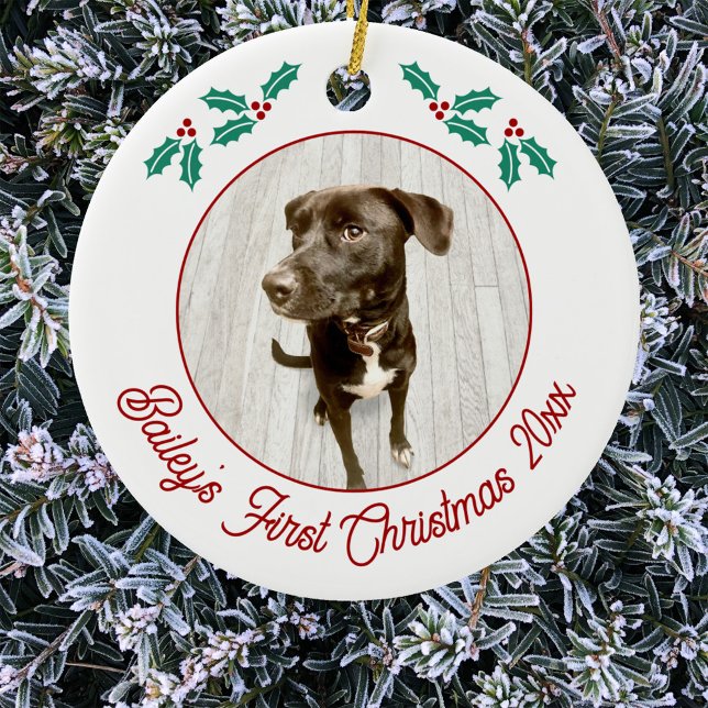 Personalisierter Haustier Welpen Hund Erstes Foto  Keramik Ornament (Pet dog puppy photo personalized first Christmas name and date ornament with custom text )