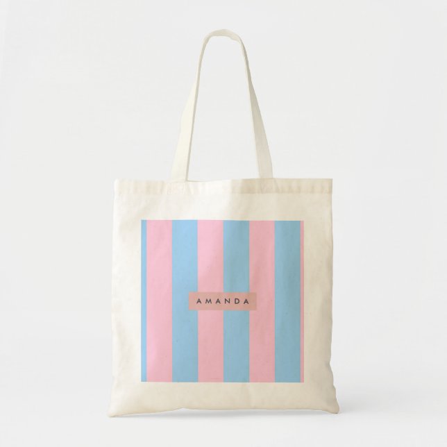 Personalisierter hellblauer und rosa Candy Stripe Tragetasche (Vorne)