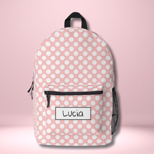 Personalisierter hellrosa und weißer Polka-Punkt Bedruckter Rucksack (Von Creator hochgeladen)