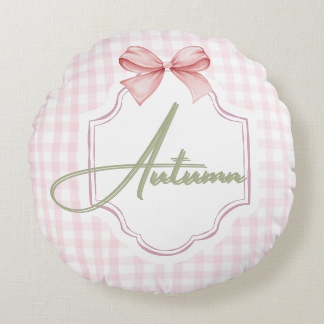 Personalisierter Herbst Baby Girl Kinderzimmer Bow Rundes Kissen (Vorderseite)