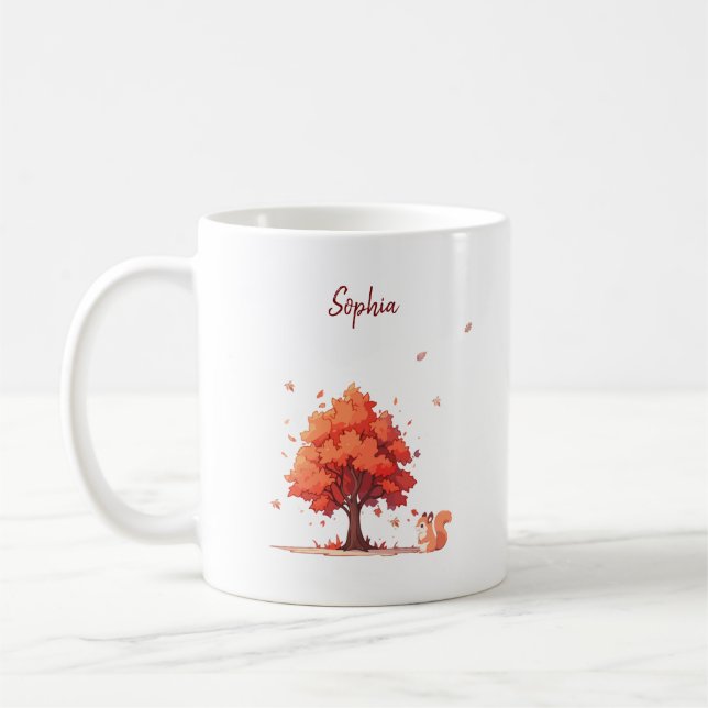 Personalisierter Herbstbaum und Eichhörnchen Kaffeetasse (Links)