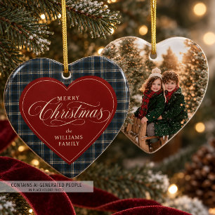 Personalisierter Herz-Weihnachtsfoto-Navy-Karostof Keramik Ornament