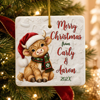 Personalisierter Highland-Kuh-Weihnachtsschmuck Keramikornament