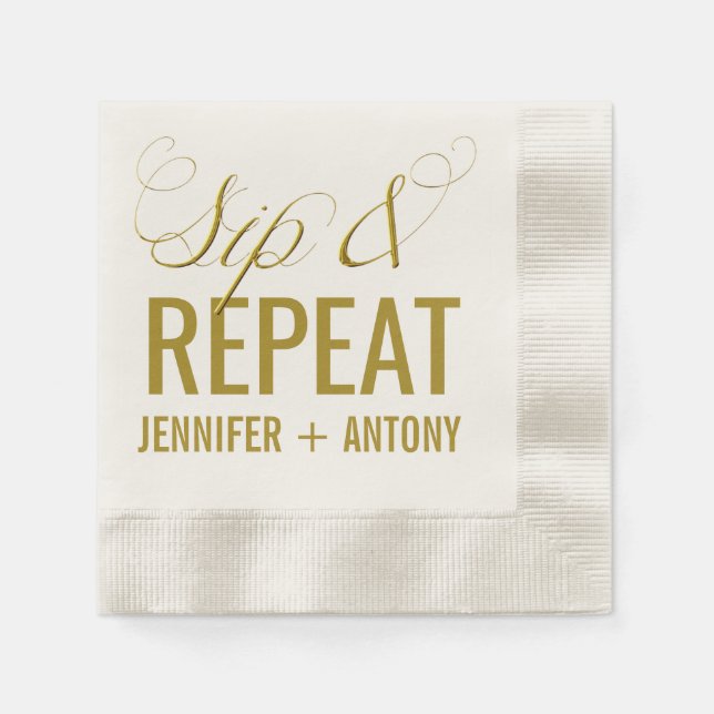 Personalisierter Hochzeitscocktail "Sip & Repeat" Serviette (Vorderseite)