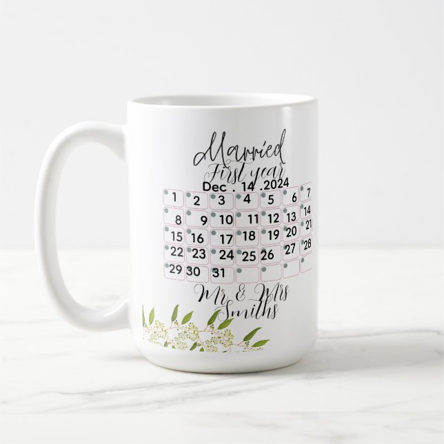 Personalisierter Hochzeitskalender Datum 1. Hochze Kaffeetasse (Links)