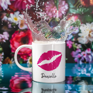 Personalisierter Hot-Pink-Lippenstift-Kussdruck Kaffeetasse