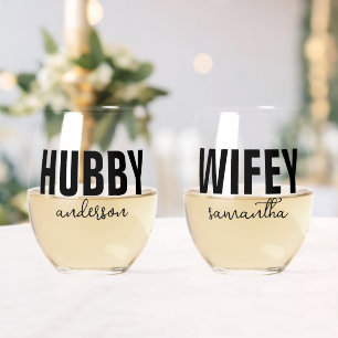 Personalisierter Hubby- und Wifey-Name Weinglas Ohne Stiel