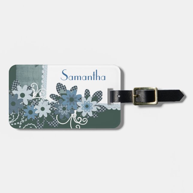 Personalisierter hübscher blauer blumiger Umbau Gepäckanhänger (Vorderseite horizontal)