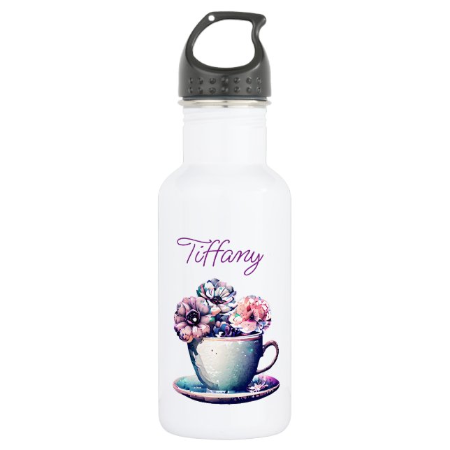 Personalisierter Hübscher Tea Cup und Blume Edelstahlflasche (Vorderseite)