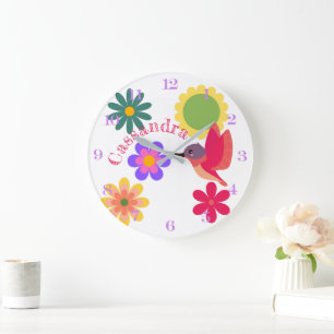 Personalisierter Hummingvogel und Blume Große Wanduhr