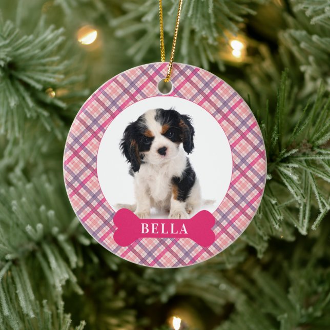 Personalisierter Hund Festlicher Karierter Urlaub  Keramik Ornament (Baum)
